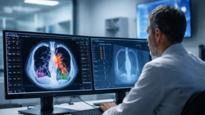 Radiologist reviewing abdominal CT scan images on dual monitors as an AI model analyzes medical imaging to predict disease risk early