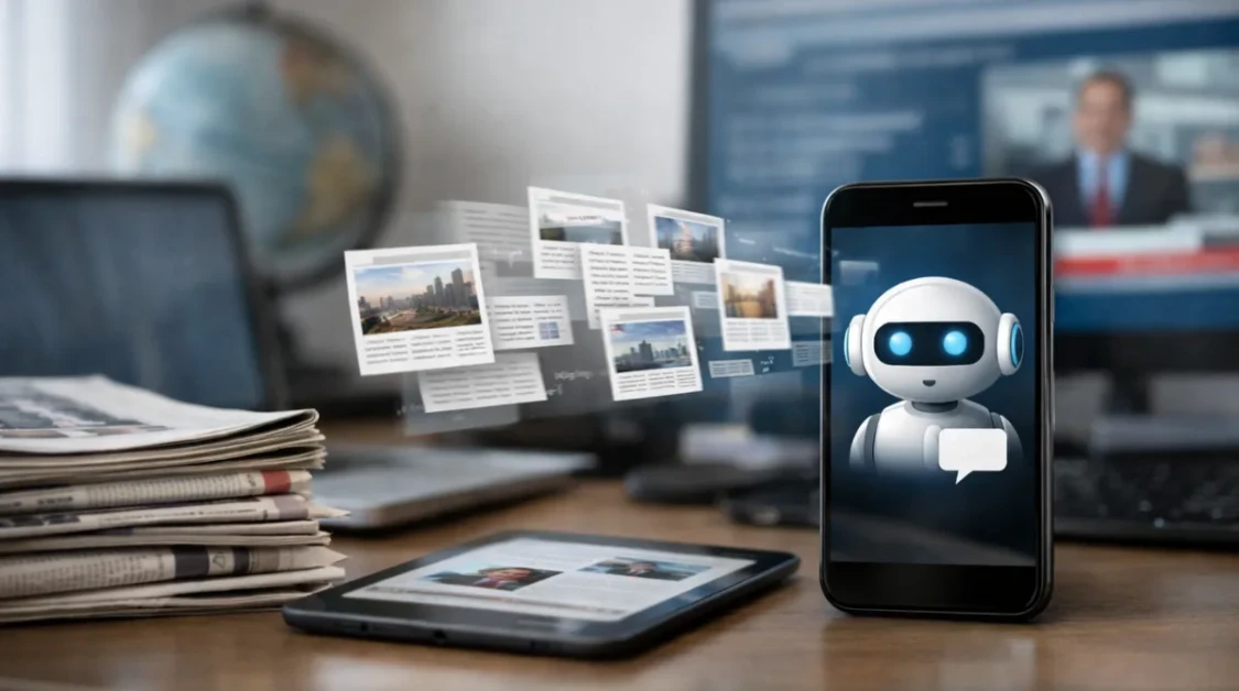 Smartphone displaying an AI chatbot on a desk as floating digital news cards emerge from newspapers and devices in a newsroom setting