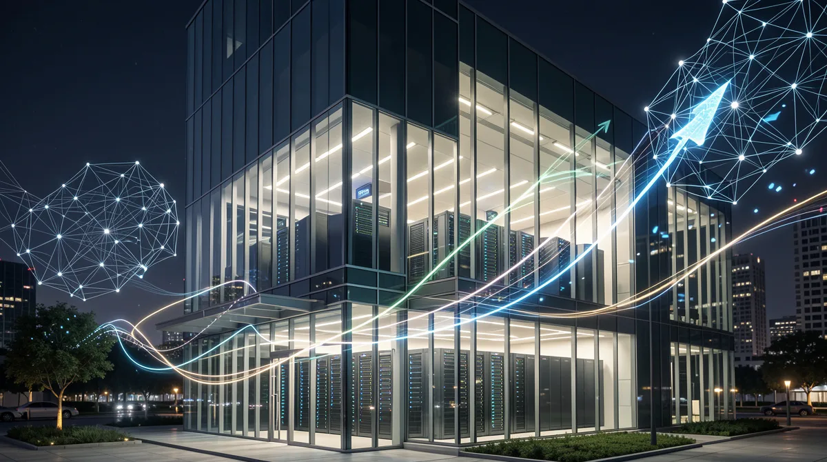 Modern AI data center with glowing servers and rising digital lines symbolizing Meta’s stock surge and increased AI investment after strong earnings