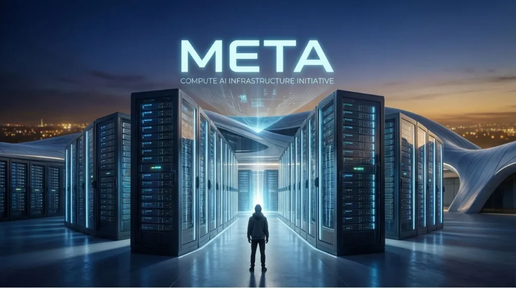 Futuristic Meta data center illustrating the Meta Compute AI infrastructure initiative with advanced server racks powering large-scale artificial intelligence systems