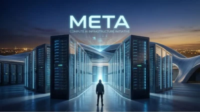 Futuristic Meta data center illustrating the Meta Compute AI infrastructure initiative with advanced server racks powering large-scale artificial intelligence systems