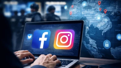 Laptop showing social media platform icons beside a digital Southeast Asia map during an online scam enforcement operation