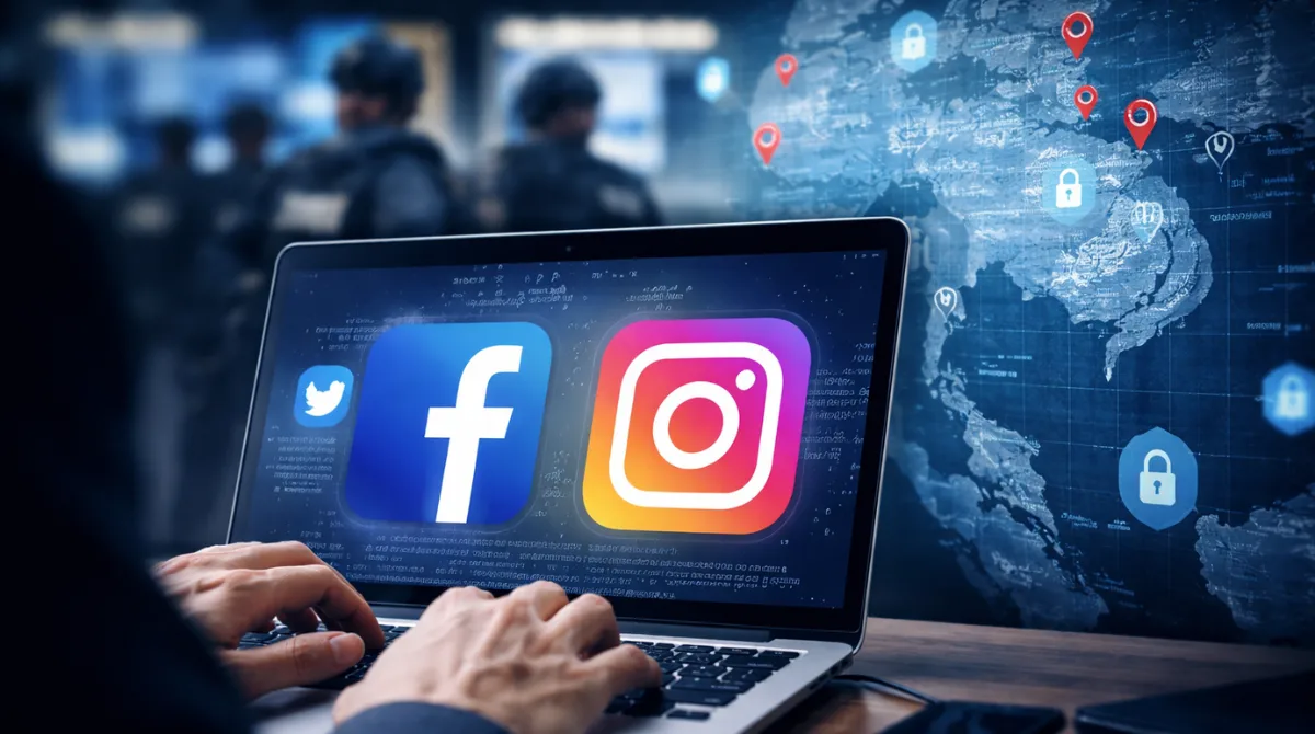 Laptop showing social media platform icons beside a digital Southeast Asia map during an online scam enforcement operation