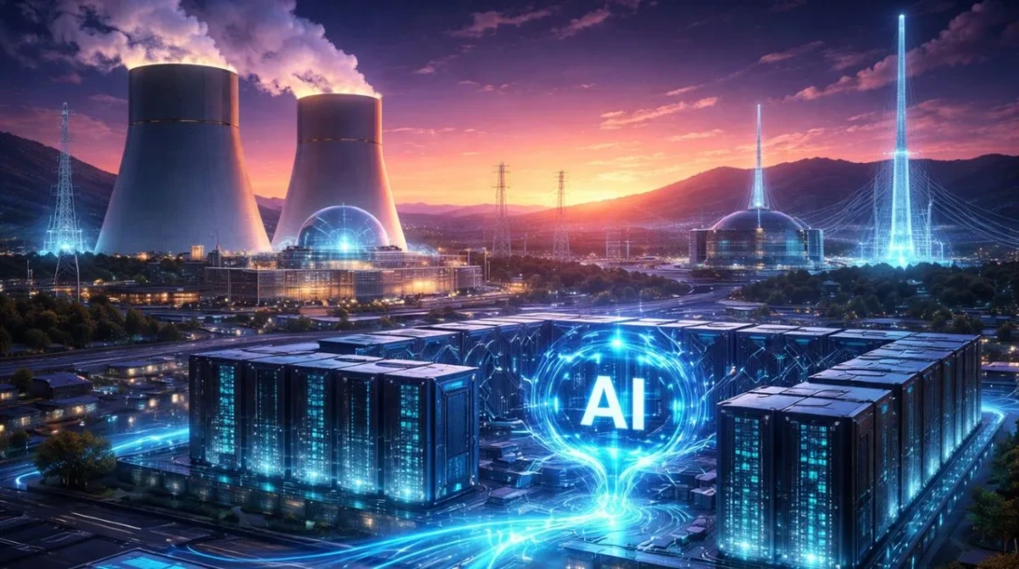 Futuristic nuclear power plant supplying electricity to an AI data center campus at sunset, with glowing server buildings and power lines.