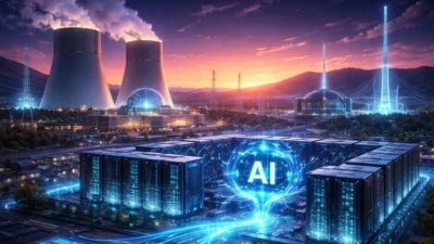 Futuristic nuclear power plant supplying electricity to an AI data center campus at sunset, with glowing server buildings and power lines.