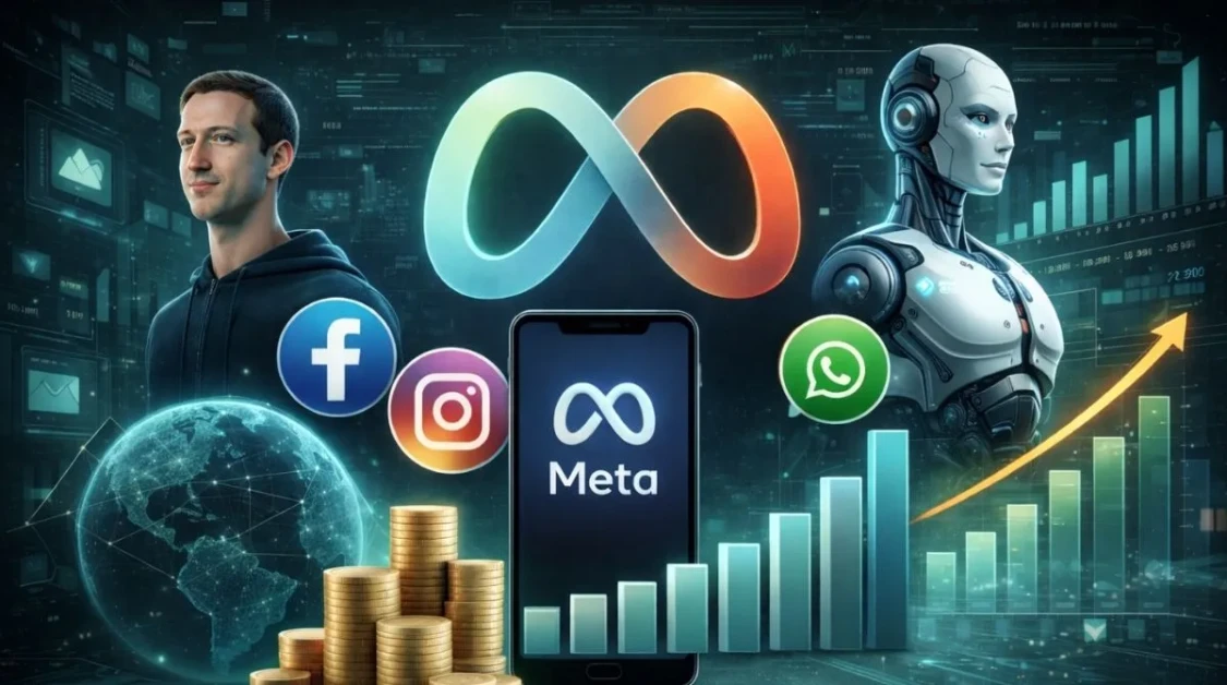 Visual representation of Meta Platforms ecosystem with apps, artificial intelligence, revenue growth, and stock market performance in a futuristic business setting