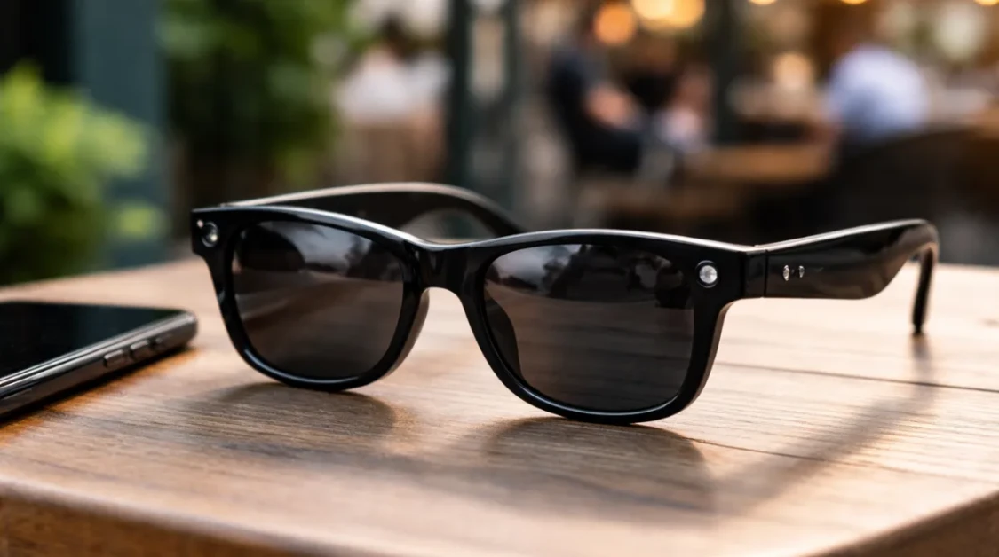 Close-up of black AI smart glasses on a wooden table with a blurred outdoor café background in natural light