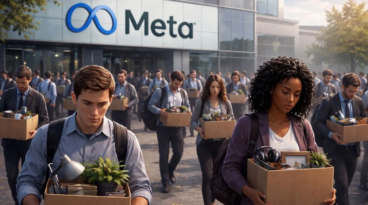 Employees leaving Meta headquarters after Reality Labs restructuring and workforce reduction