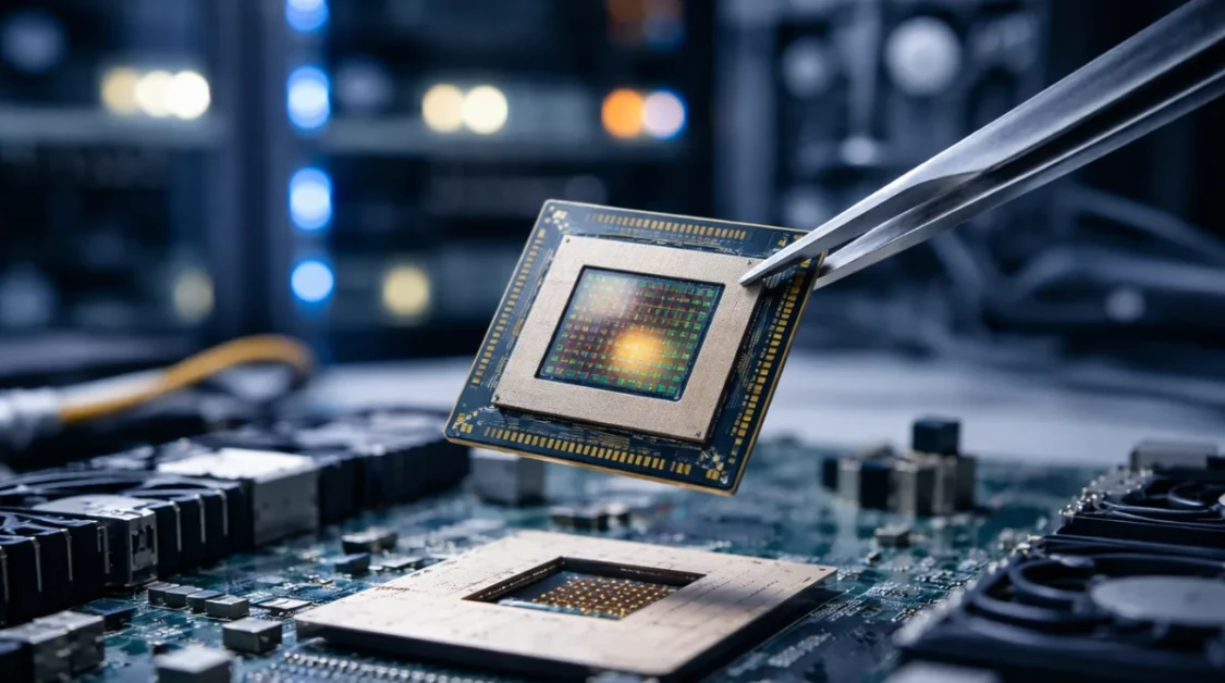 Meta AI training chip held with tweezers above server motherboard in a data center lab, photorealistic.