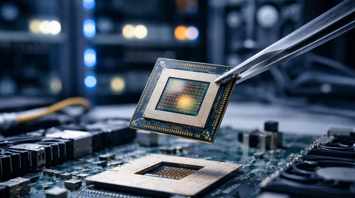 Meta AI training chip held with tweezers above server motherboard in a data center lab, photorealistic.