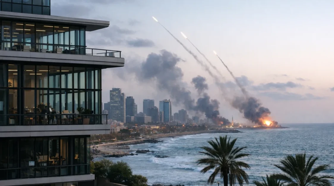 Modern office tower overlooking Tel Aviv coastline with smoke and missile trails in the distance during regional strikes