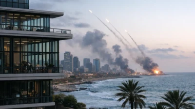 Modern office tower overlooking Tel Aviv coastline with smoke and missile trails in the distance during regional strikes