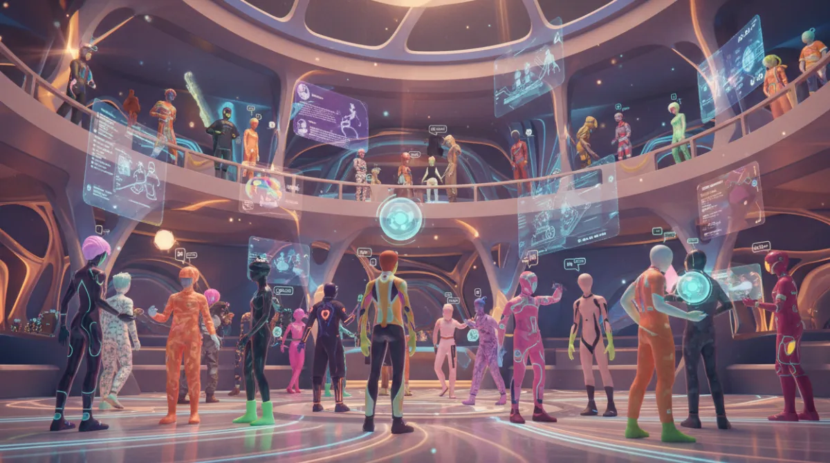 Colorful avatars interacting in a Meta virtual social space with floating UI panels representing the metaverse platform strategy