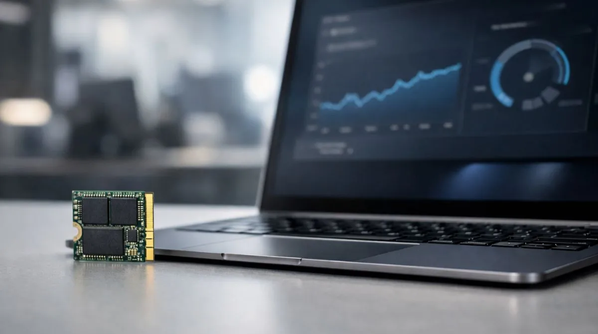 Micron 3610 Gen5 SSD shown with a modern laptop highlighting PCIe Gen5 performance and compact M.2 design