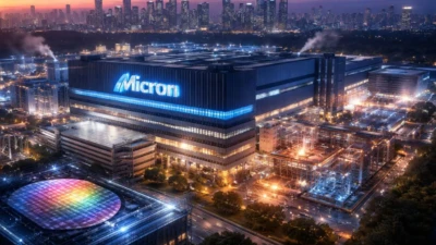 Aerial view of Micron’s advanced semiconductor manufacturing facility in Singapore with active construction and chip production infrastructure, representing large-scale investment expansion.