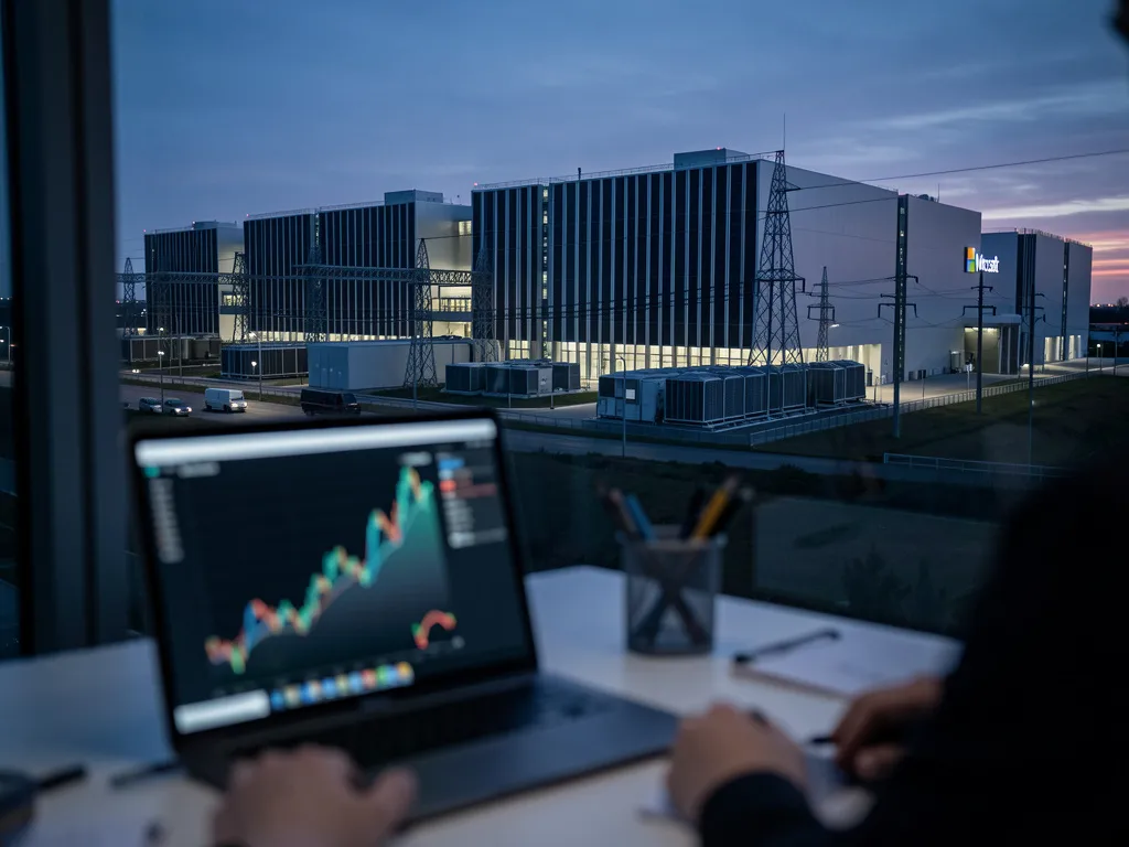 Microsoft data center campus viewed from an office desk showing financial charts, highlighting investor concerns over infrastructure spending
