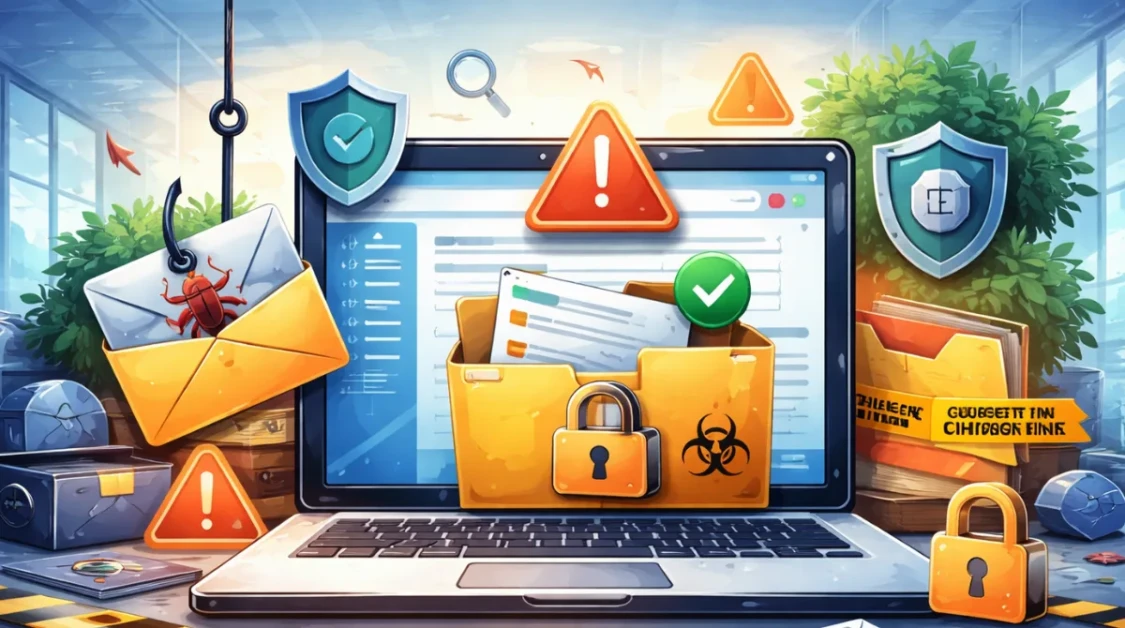 Illustration showing a secure email system where legitimate messages are mistakenly quarantined due to phishing detection errors in an enterprise email environment