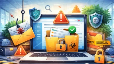 Illustration showing a secure email system where legitimate messages are mistakenly quarantined due to phishing detection errors in an enterprise email environment