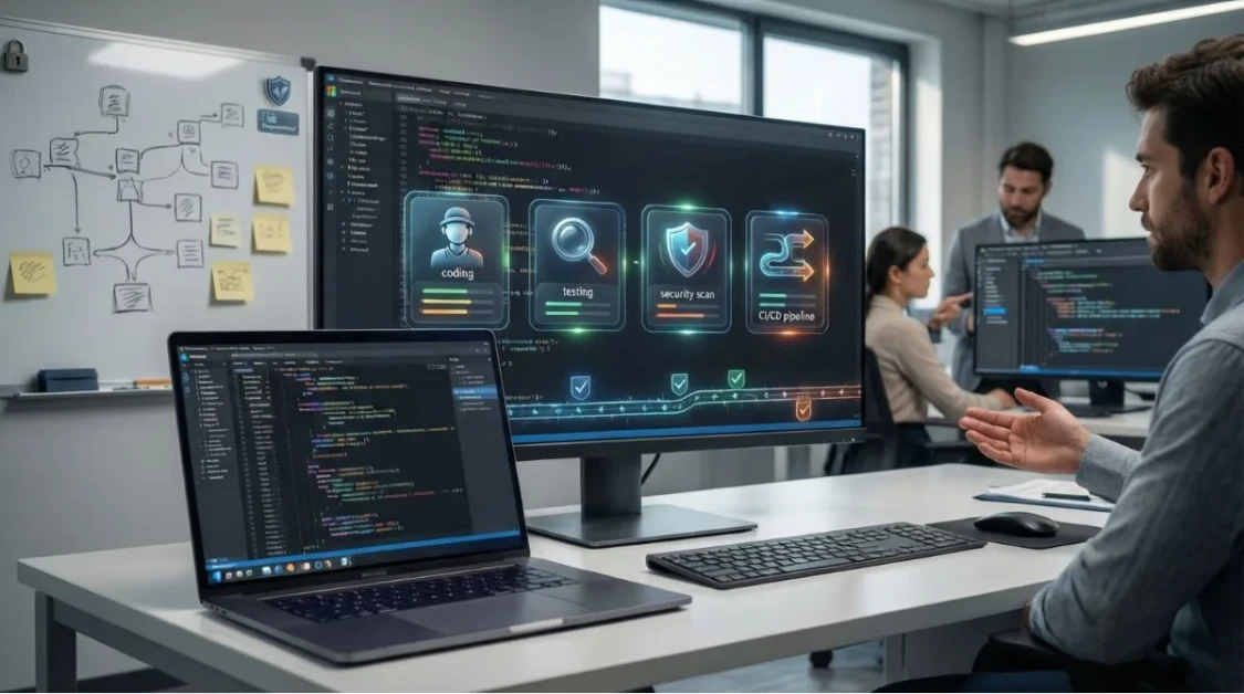 Editorial workspace image showing GitHub-style AI agents and automated coding workflow on a monitor.