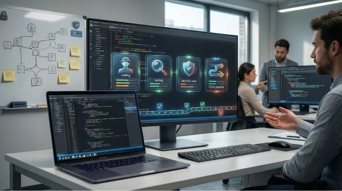 Editorial workspace image showing GitHub-style AI agents and automated coding workflow on a monitor.