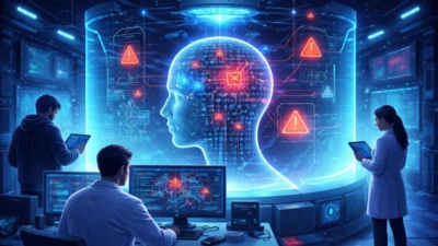 Futuristic cybersecurity lab scene showing researchers scanning an AI model for poisoning and malicious data vulnerabilities using advanced detection systems
