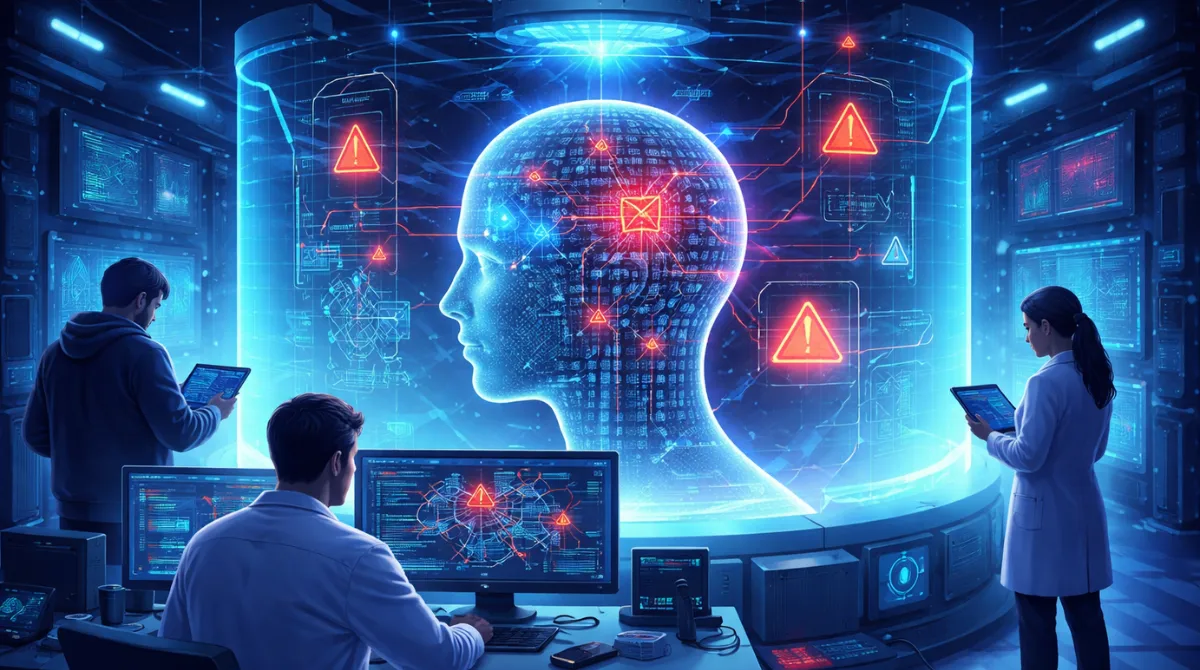 Futuristic cybersecurity lab scene showing researchers scanning an AI model for poisoning and malicious data vulnerabilities using advanced detection systems