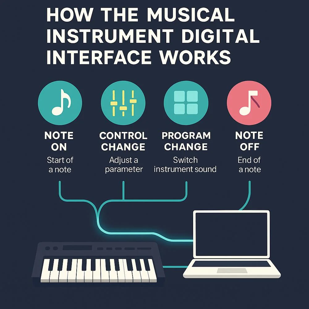 Infographic explaining how MIDI works with note commands, control change, system messages, and port functions using icons and clear text.”