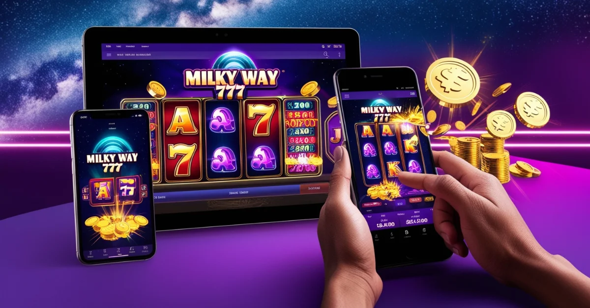 Realistic image of Milky Way 777 online casino game on mobile and tablet screens with slot reels, jackpot lights, golden coins, and a galaxy-themed background.