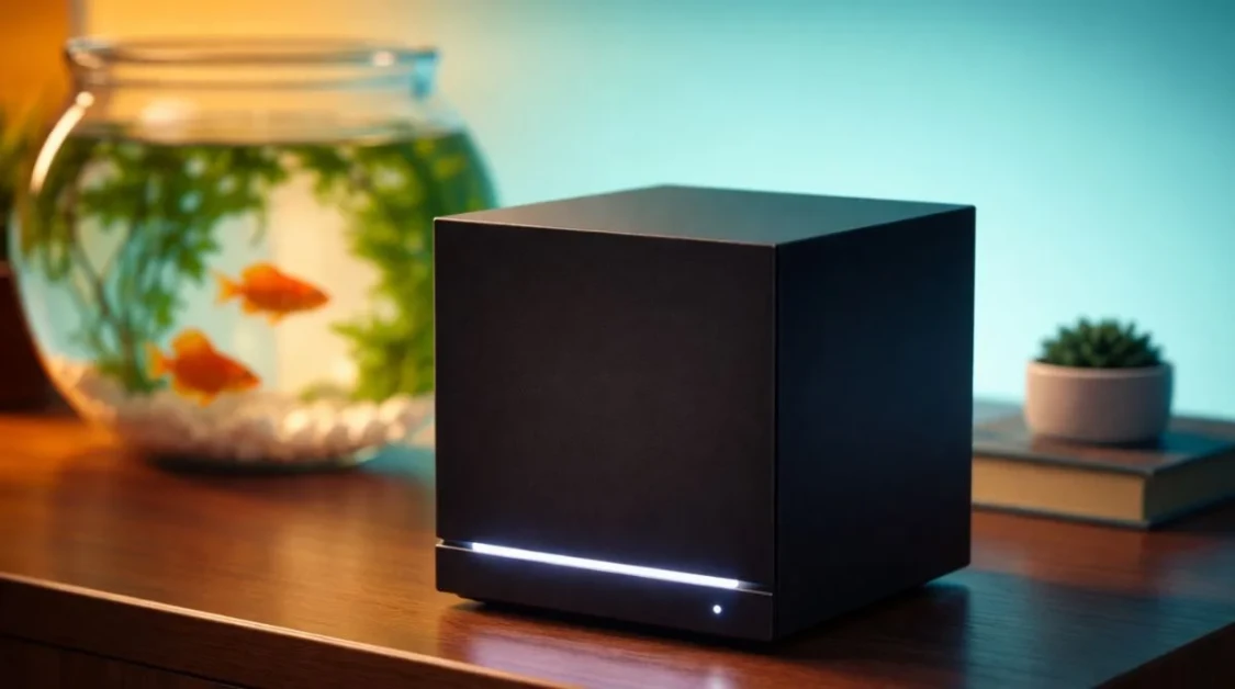 A minimalist black cube-shaped smart device with a soft LED light placed on a wooden table in a modern home interior.