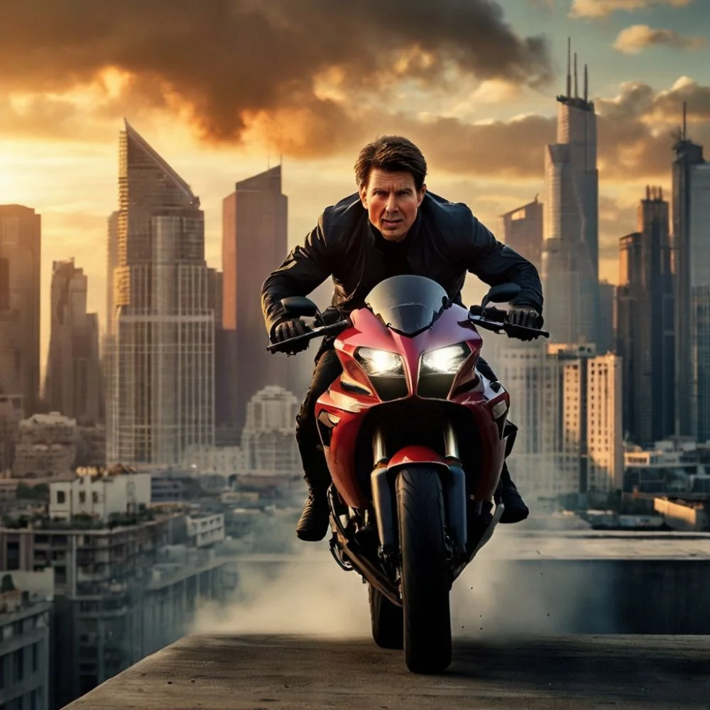 Tom Cruise speeds through a city on a red sports bike during a high-stakes chase at sunset.