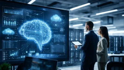 Enterprise professionals analyzing AI infrastructure and cloud systems during Mistral AI Enterprise Software Shift strategy meeting