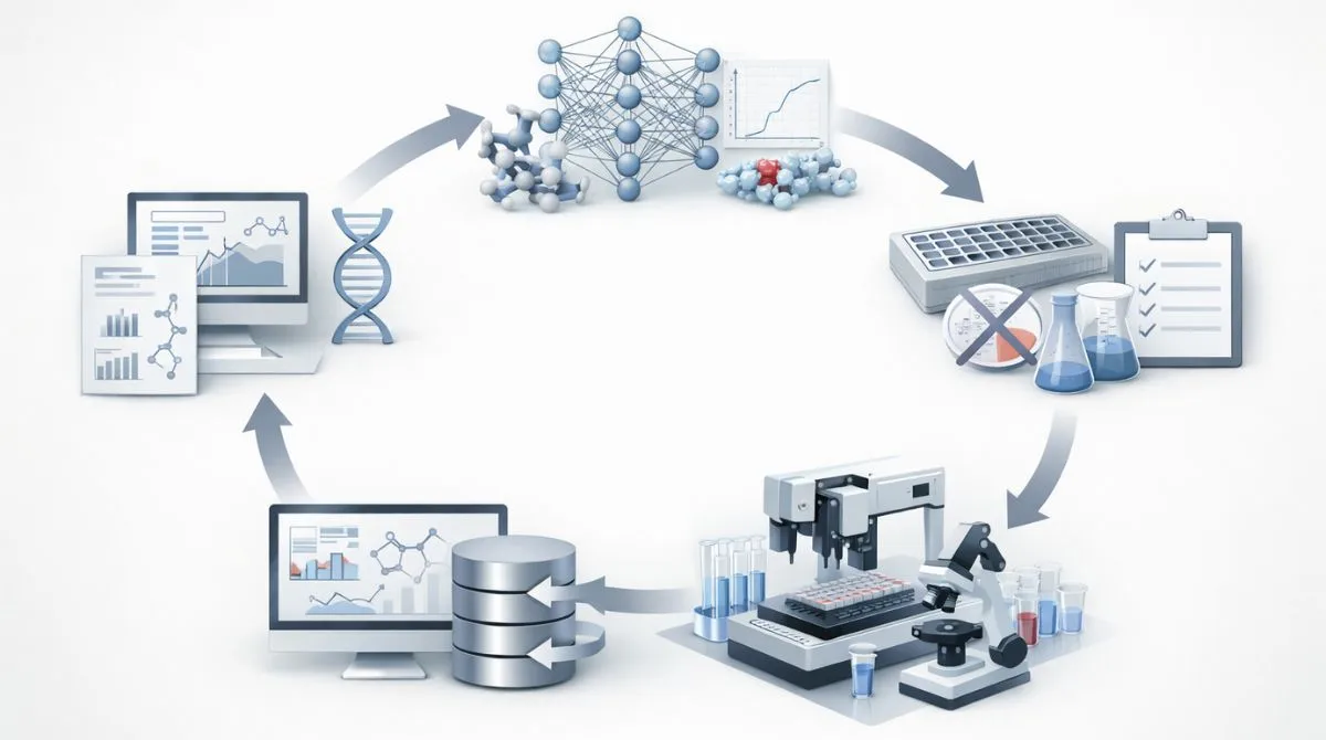 Editorial-style scientific illustration showing an iterative model-driven drug discovery process with data inputs, machine learning analysis, laboratory testing, and feedback loop.