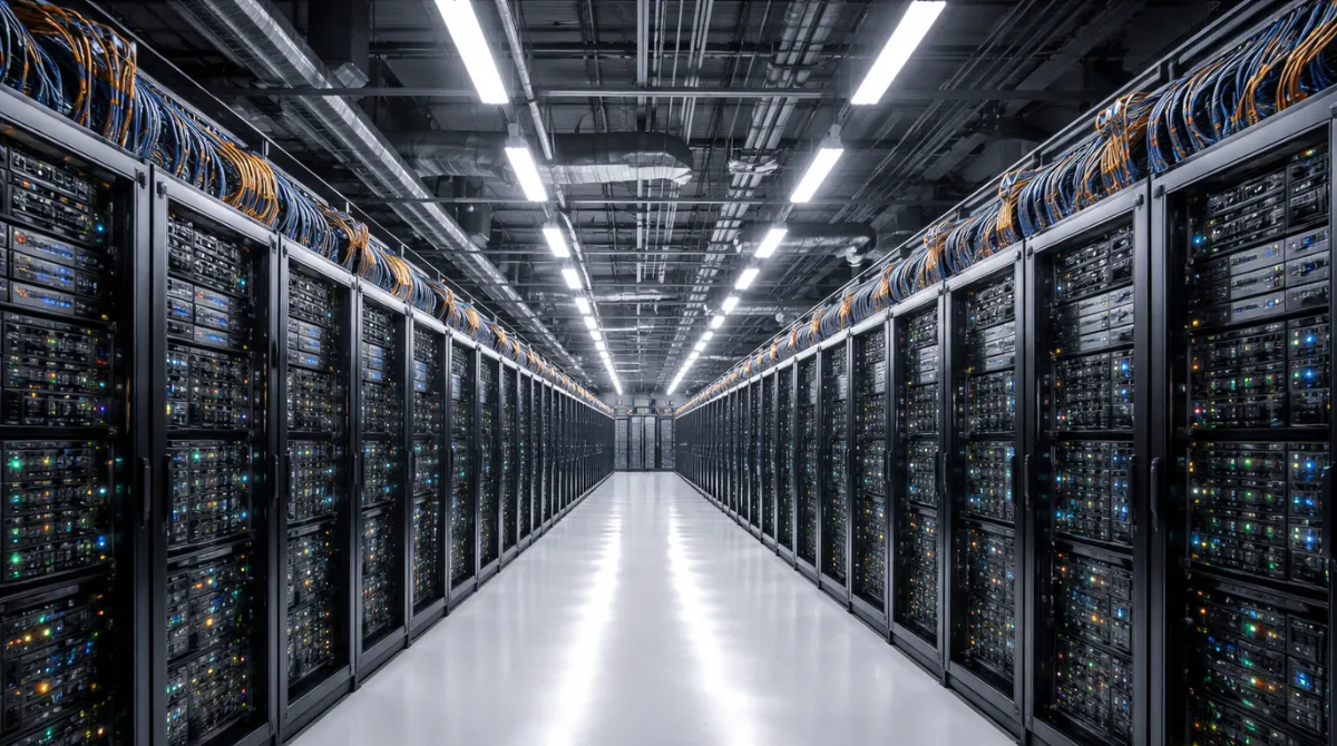 Wide interior view of a modern AI data center with long rows of GPU racks, dense cabling, and high-speed networking hardware under clean industrial lighting