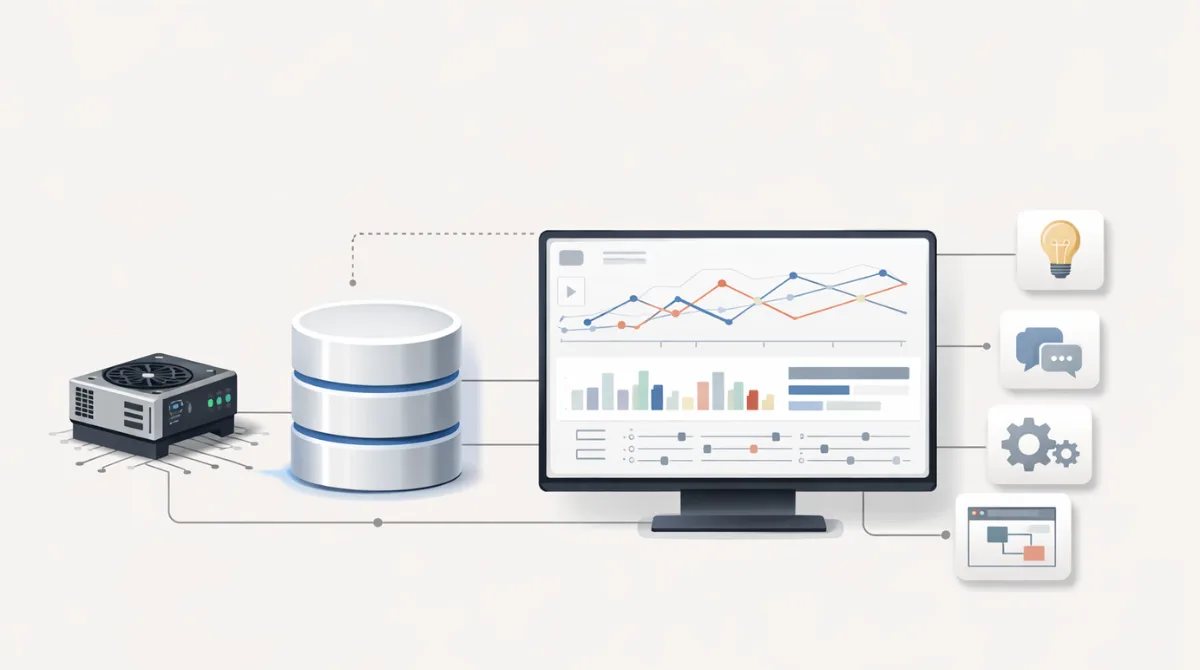 Editorial illustration showing a modern AI workflow ecosystem with a compute node, vector database, tracing dashboard, and abstract internal app components connected by thin integration lines in a clean, professional style.