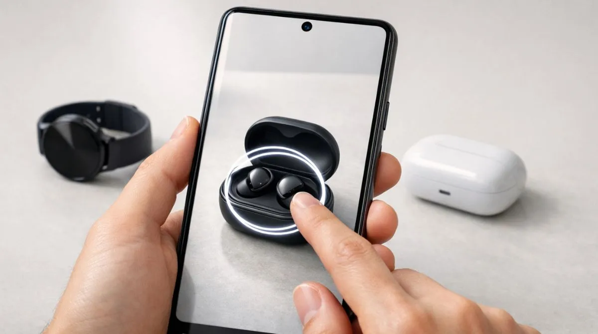 Hand holding a modern Android smartphone while a finger circles a product item on the screen in a clean, neutral setting.