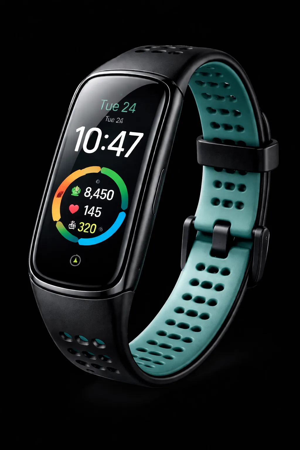 Black fitness band with AMOLED screen showing steps, heart rate, and calories on a dark background