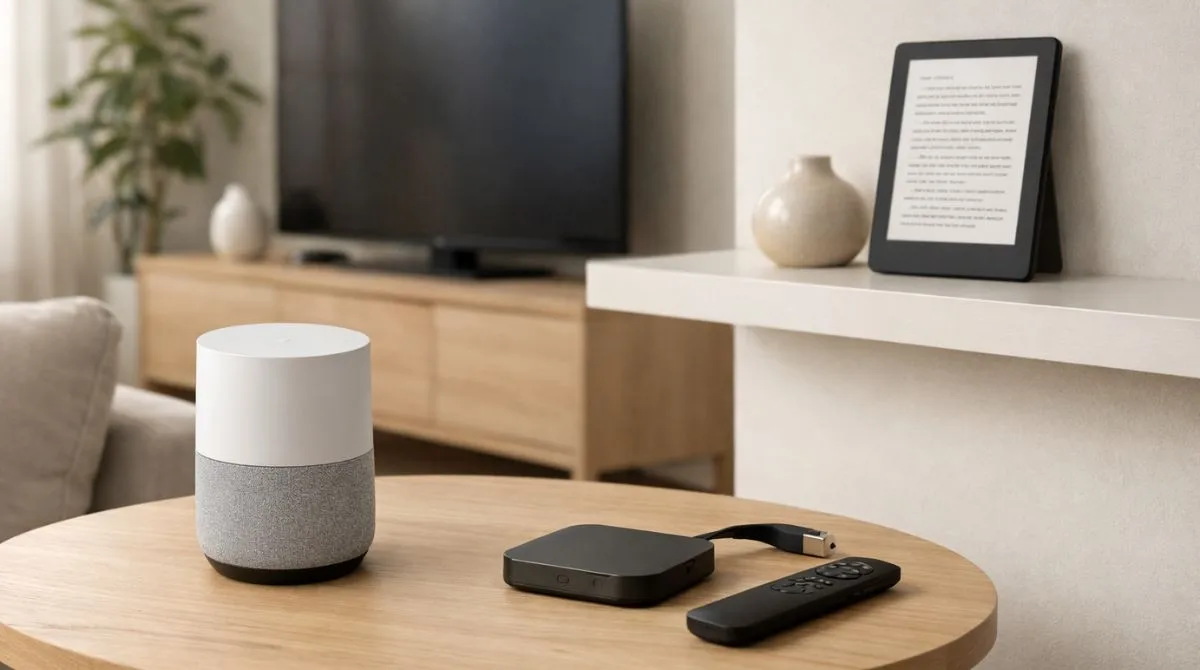 Modern living space with abstract smart home devices including a smart speaker, streaming device, and e-reader arranged in a minimal, neutral interior.