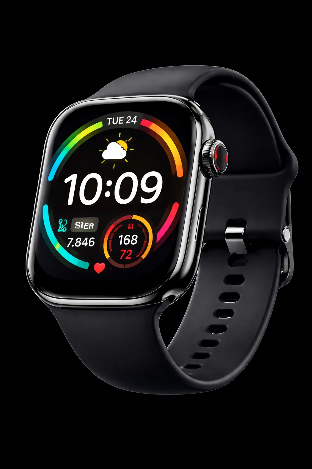 Black smartwatch with AMOLED screen showing time, heart rate, steps, and fitness metrics on a black background
