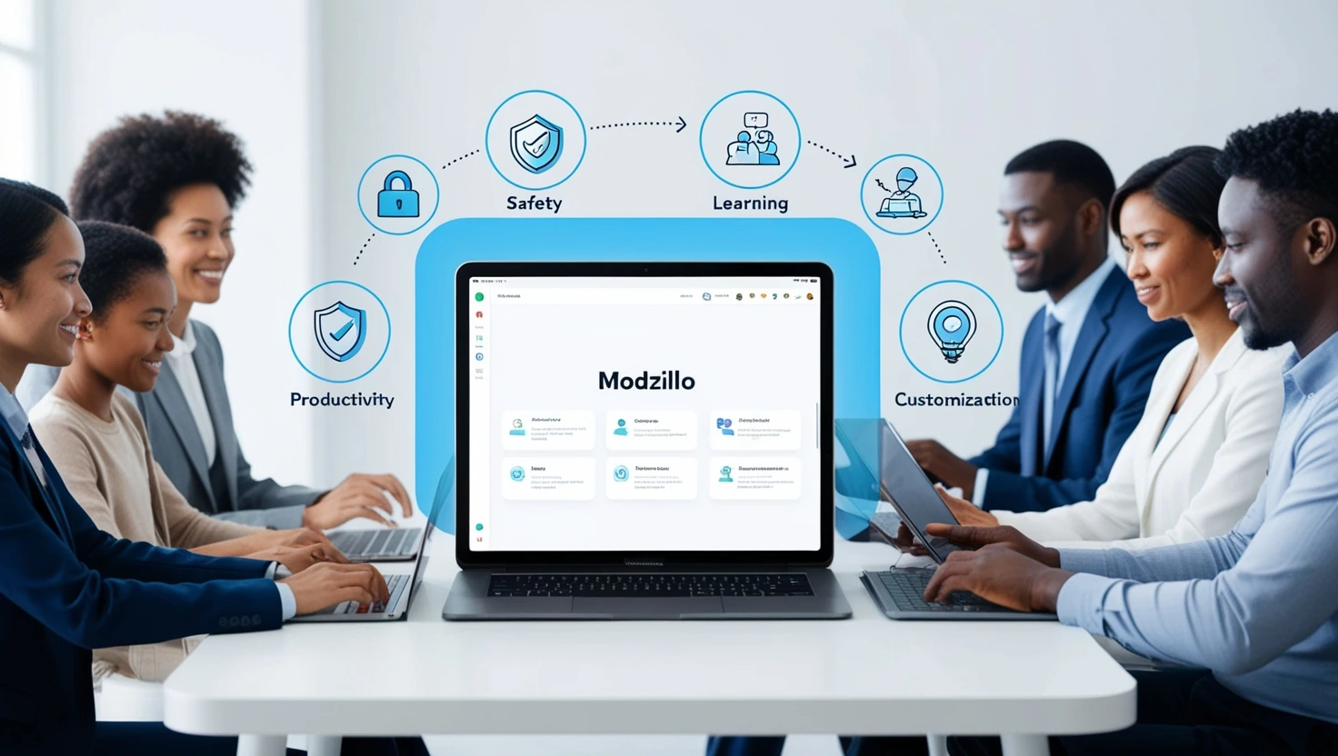People using Modzillo on laptops and tablets in a clean, safe, and productive digital environment, showing icons for browsing, learning, and security.