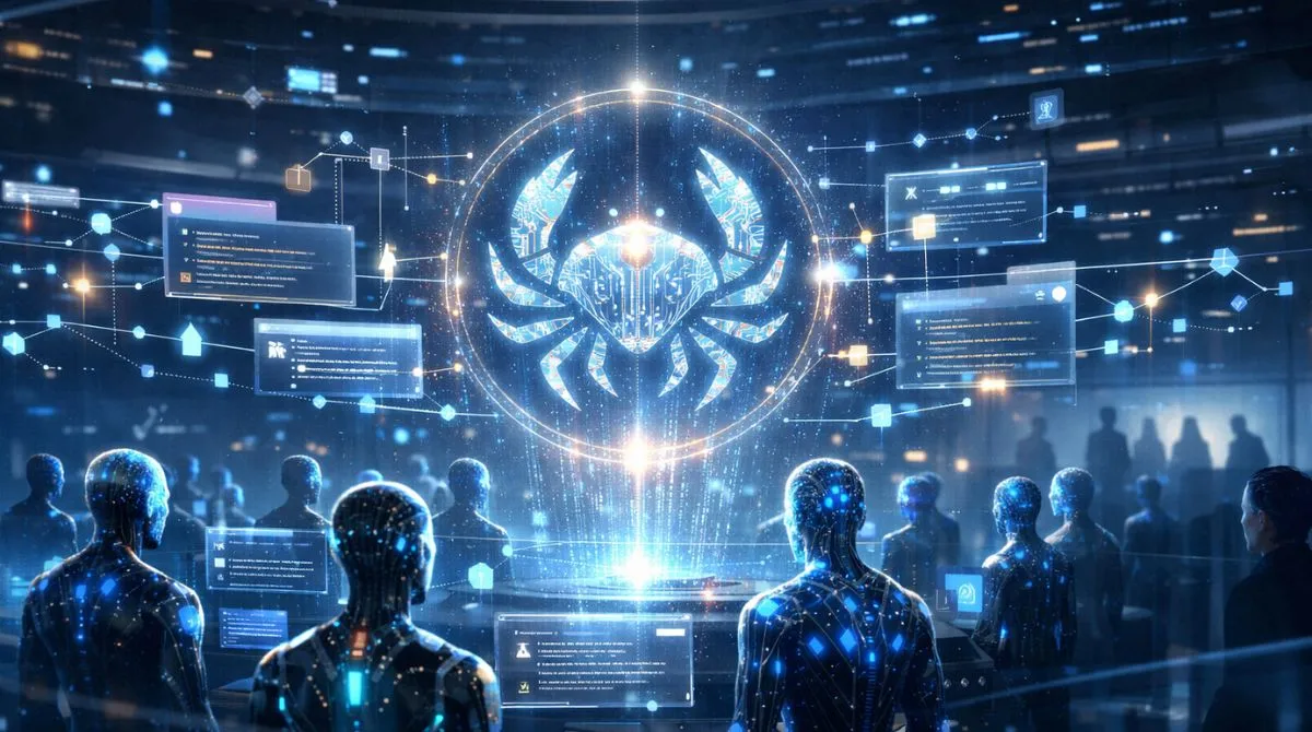 Cinematic illustration of autonomous AI agents interacting inside an AI-only social network, forming a machine-created digital religion while humans observe in read-only mode