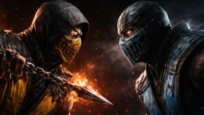 Two masked fighters in a dramatic face-off with fire and ice effects, representing a Mortal Kombat style battle scene