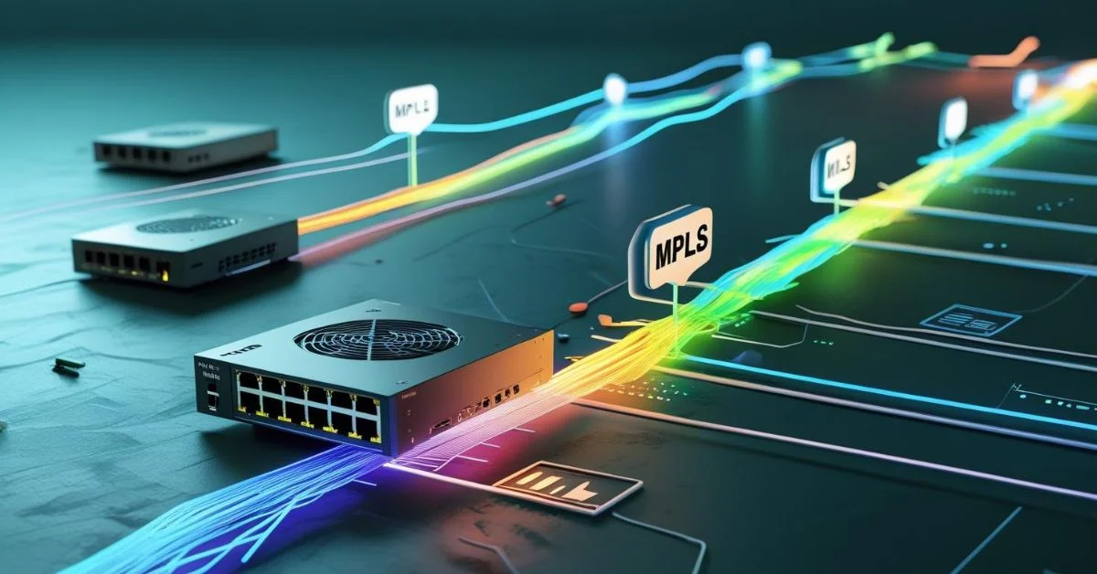 Illustration of MPLS network with labeled data paths and routers guiding high-speed digital traffic.