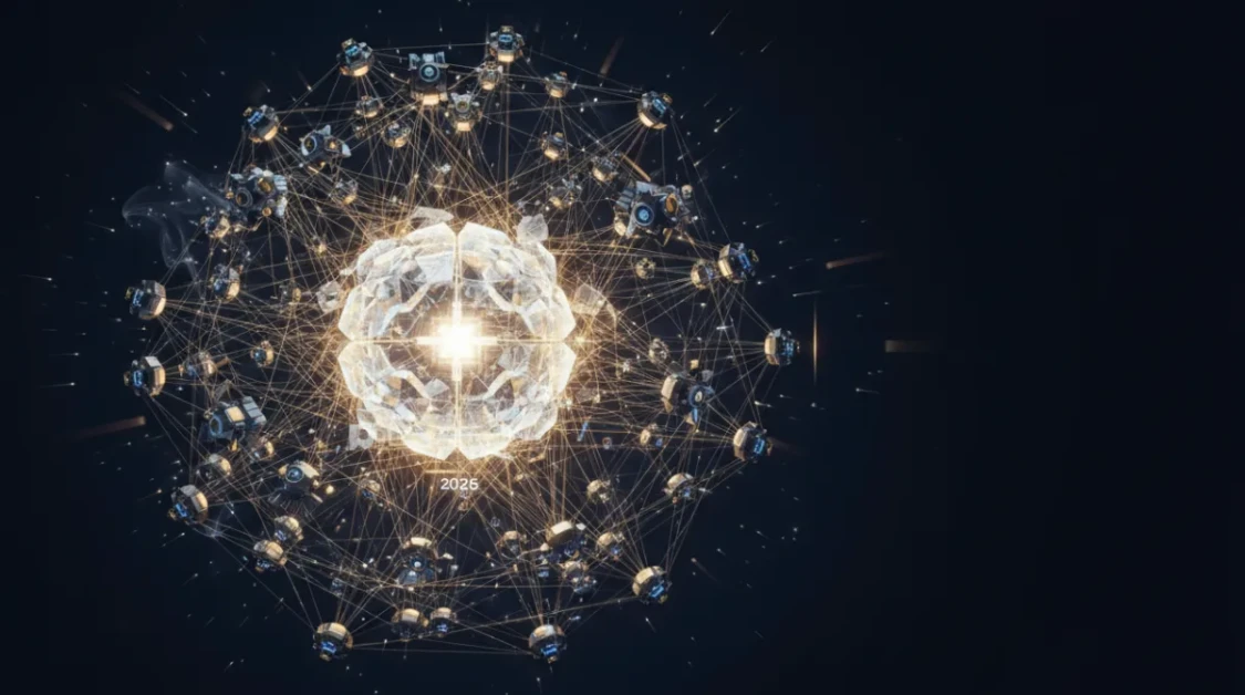 Central AI core surrounded by orbiting agent satellites connected by golden protocol lines in a multi-agent ecosystem