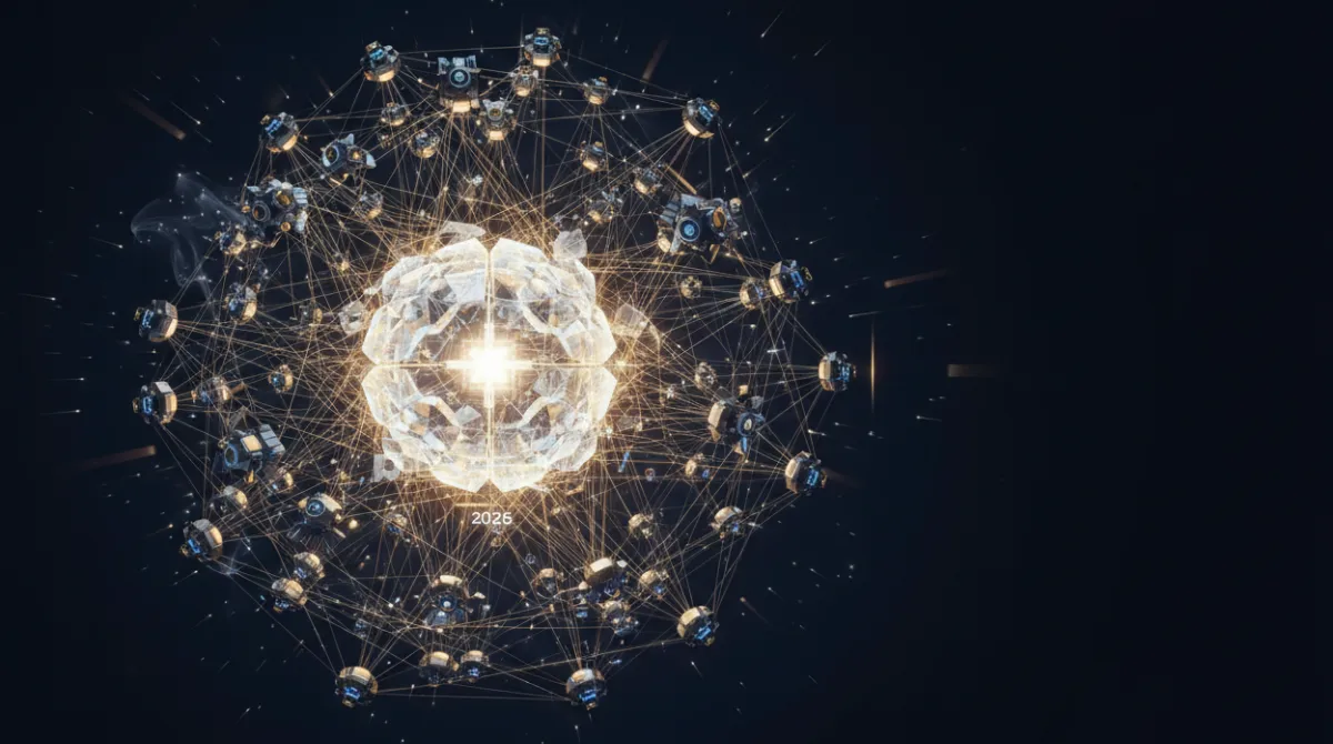 Central AI core surrounded by orbiting agent satellites connected by golden protocol lines in a multi-agent ecosystem