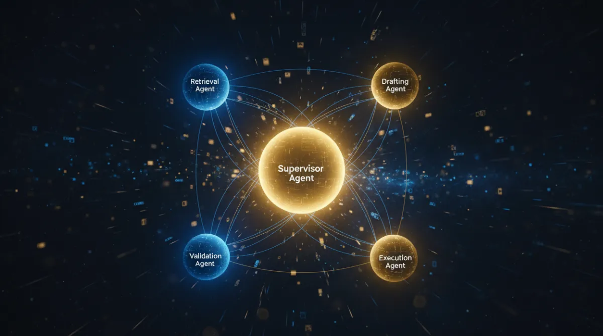 Multiple specialized AI agents for retrieval, drafting, validation, and execution connected under a central supervisor agent node