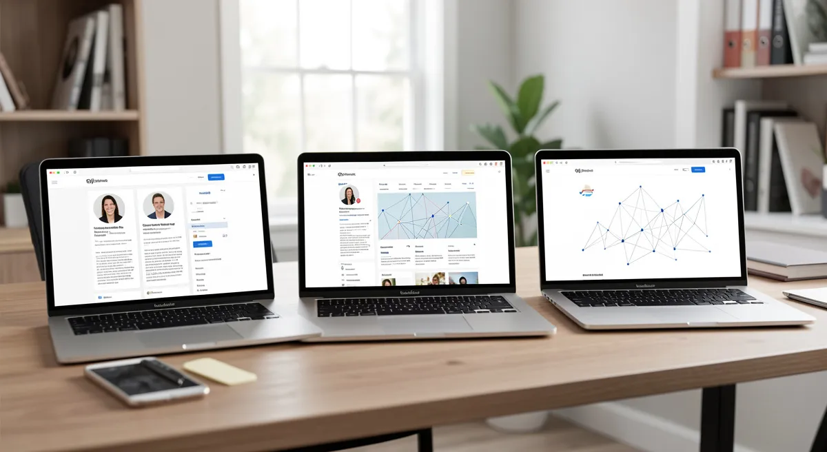 Three laptops on a modern desk displaying data analytics dashboards, user profiles, and network visualization charts in a professional workspace