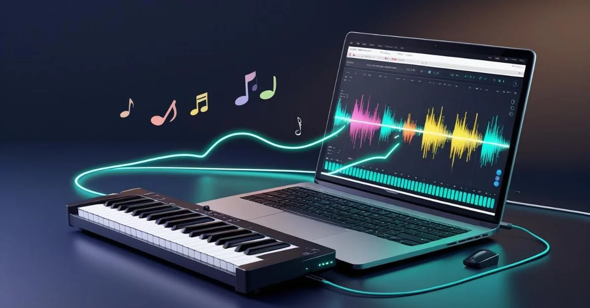 A laptop connected to a MIDI keyboard showing how the musical instrument digital interface works