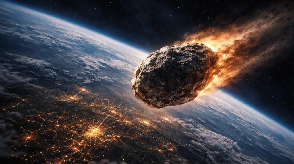 NASA asteroids warning as large space rock approaches Earth over illuminated planet surface at night