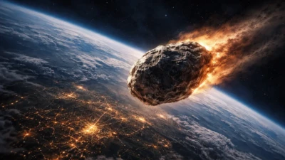 NASA asteroids warning as large space rock approaches Earth over illuminated planet surface at night