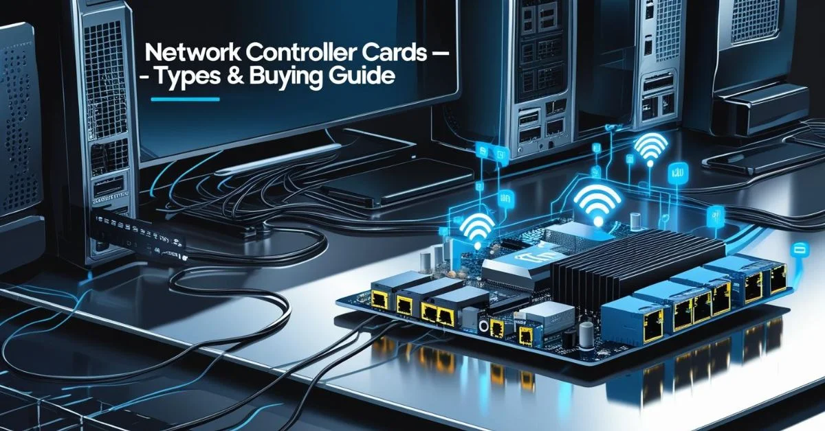 Illustration of network controller cards with Wi-Fi and Ethernet connectivity in a modern tech setup.